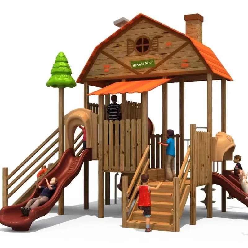 Aire de jeux multifonctionnelle en bois pour enfants : maisonnette, toboggan, mur d'escalade et pisc