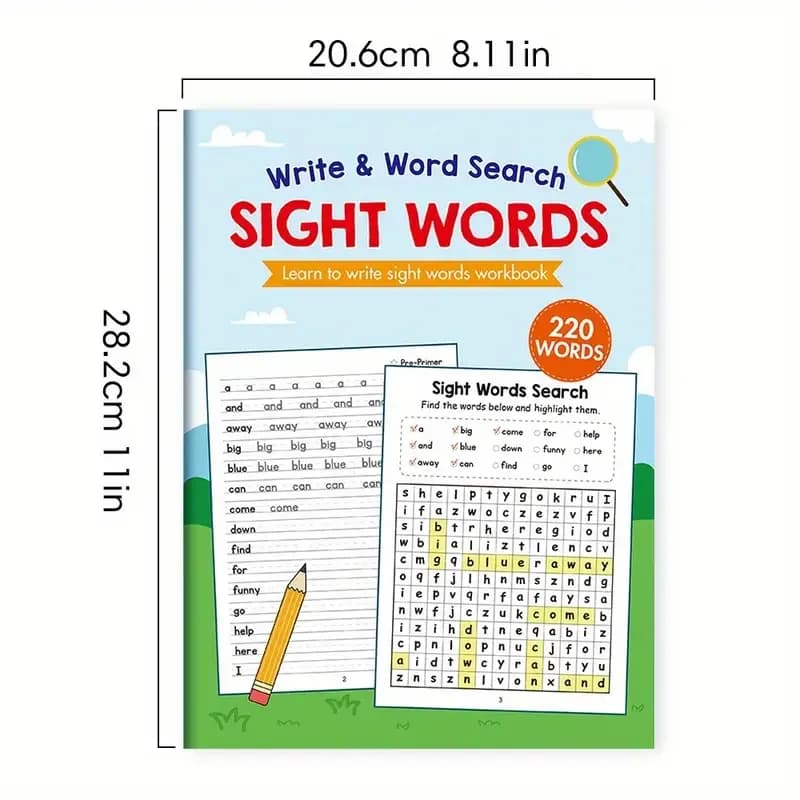 Cahier d'exercices de 220 mots de vue, outil d'enseignement de l'anglais avec une recherche amusante