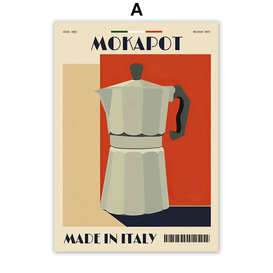 Toile d'art mural en grains, cafetière expresso italienne, peinture sur toile, affiche et imprimés,