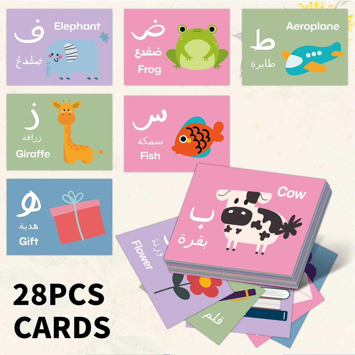28 cartes d'apprentissage phonétique arabe-anglais, cartes flash éducatives pour débutants, pour cad