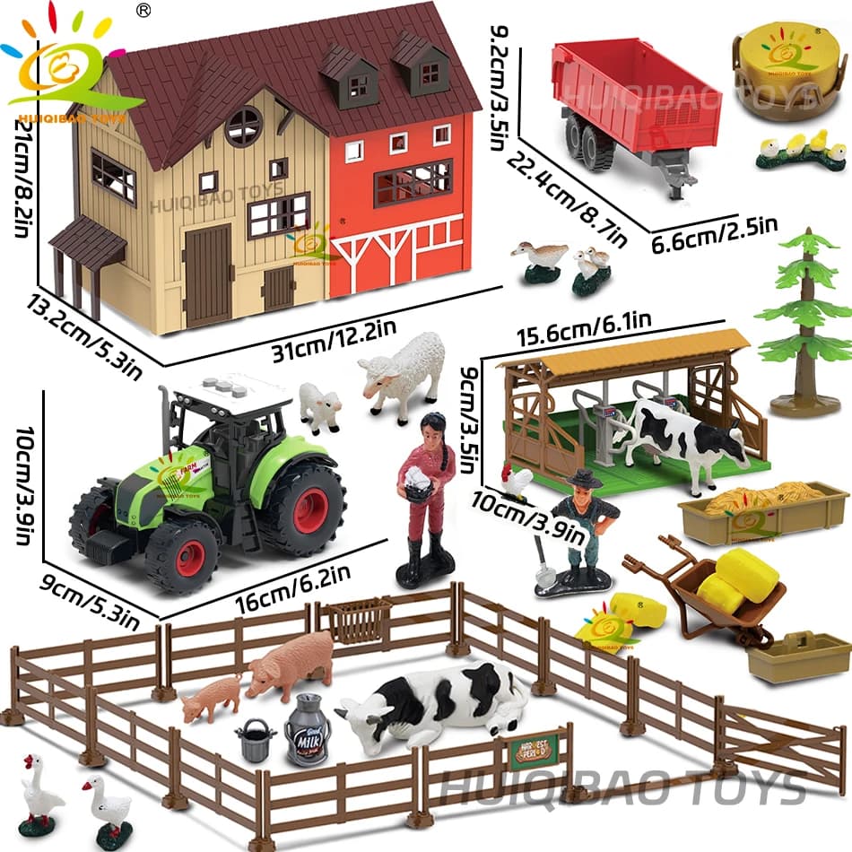 HUIQIBAO-Simulation d'animaux de ferme pour enfants, modèle d'assemblage de grange, clôture de ferme