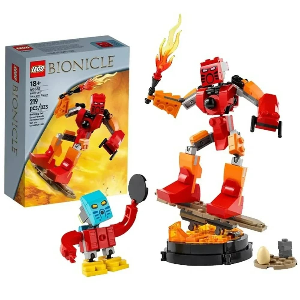 LEGO Bionicle Tahu et Takua avec une épée de feu et un lanceur de soucoupe volante pour les suivre s