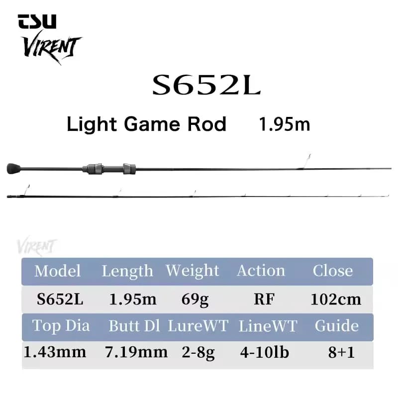 Canne à pêche légère TSURINOYA VIRENT 2026 1.8/1.95/2.10m UL/L RF Action Ultra-souple pour la pêche