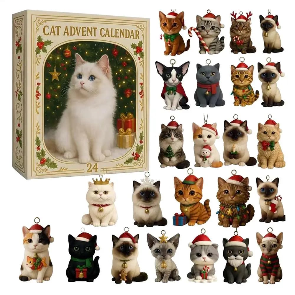 Calendrier de l'Avent chat 2025, compte à rebours de noël, 24 jours, pendentifs en acrylique 2D pour