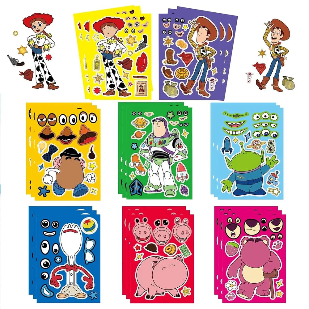8/16 feuilles d'autocollants puzzle amusants Disney, thème Toy Story, pour créer un visage, autocoll