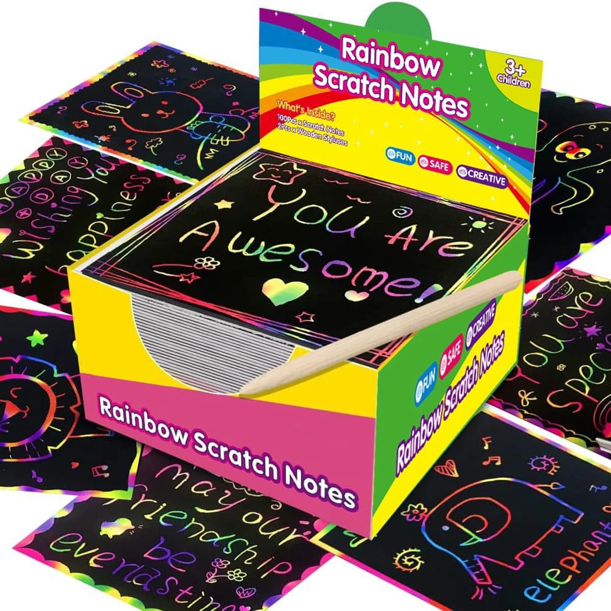 Ensemble d'art en papier à gratter, 100 pièces, papier magique arc-en-ciel avec 2 stylets en bambou,