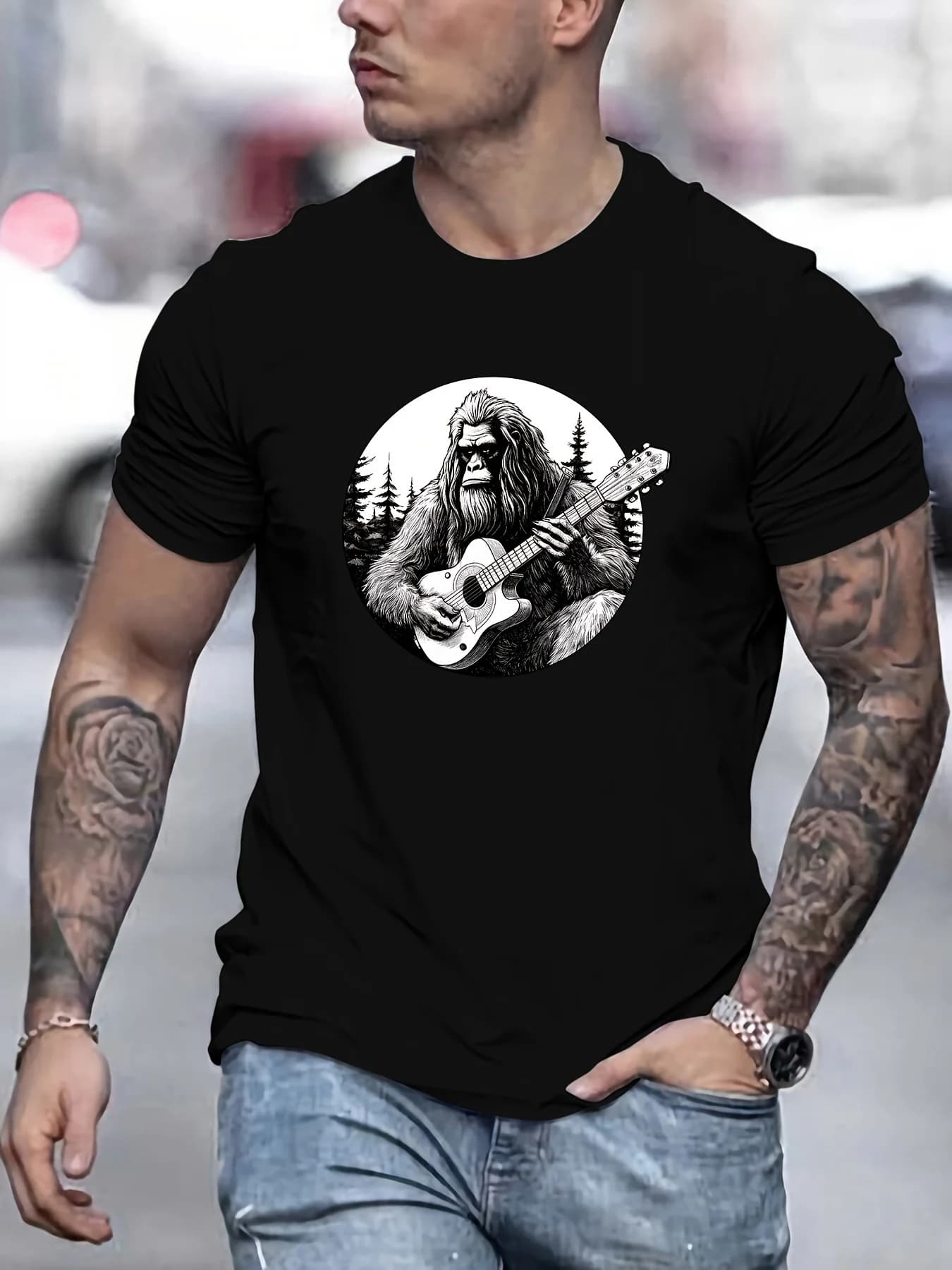 JEFirst-T-shirt imprimé Bigfoot, tee-shirts pour hommes, T-shirt décontracté à manches courtes pour