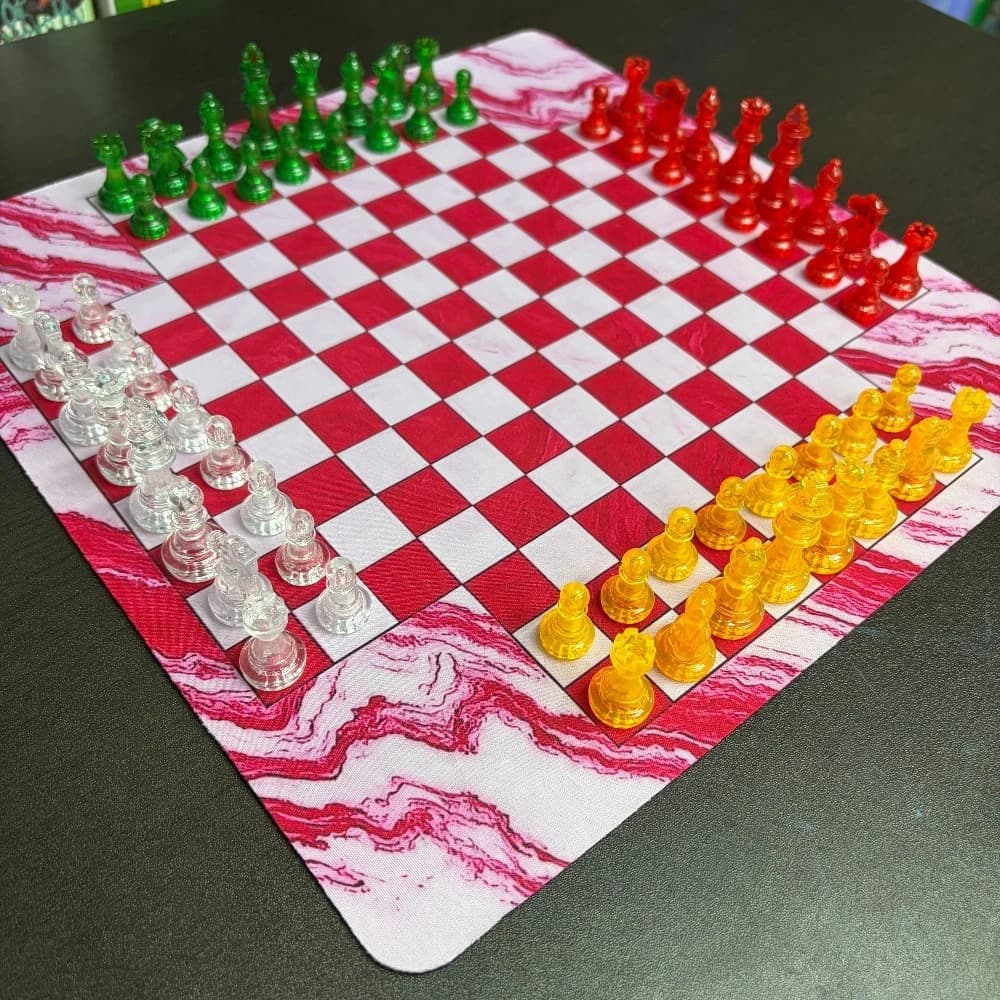 Jeu d'échecs pour 4 joueurs, 35 cm/13,78 pouces, 64 pièces (4 couleurs par 16 pièces), échecs transp