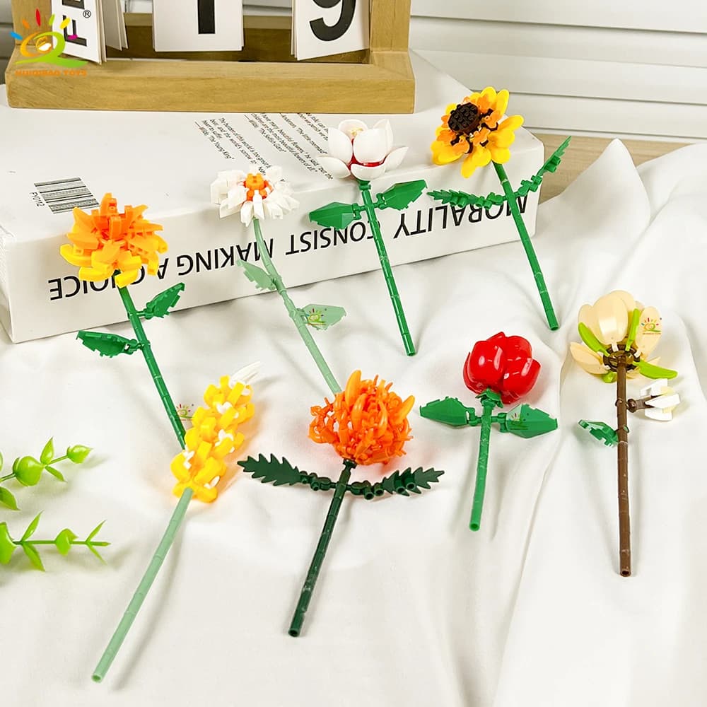 HUIQIBAO MOC Bouquet de fleurs modèle Micro bloc de construction bricolage Rose éternelle maison bur