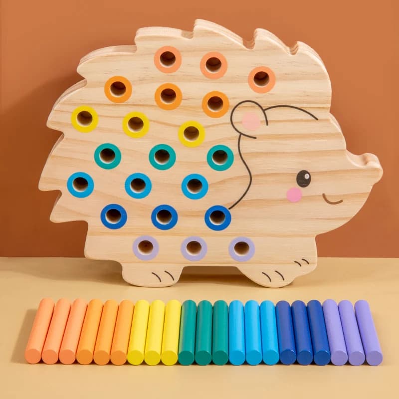 Jeu d'association de bâtonnets colorés en forme de hérisson en bois, reconnaissance des couleurs, en