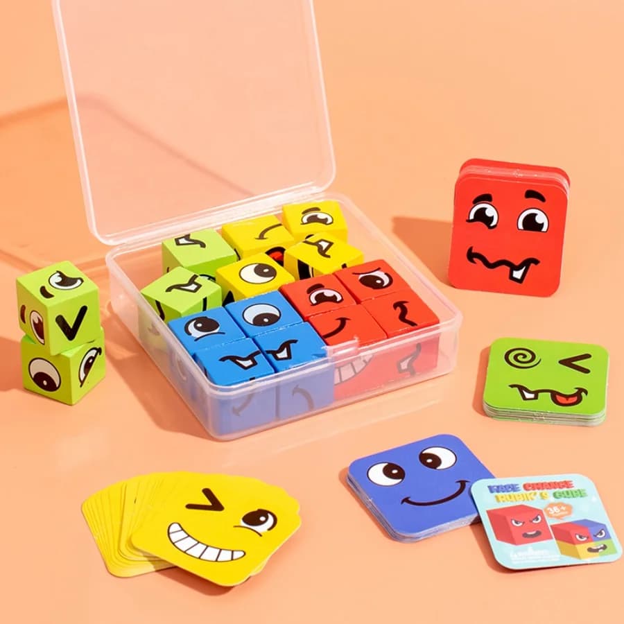 Jeu d'expression d'émotions pour enfants, Cube en bois, planche à langer, Puzzle de dessin animé, jo