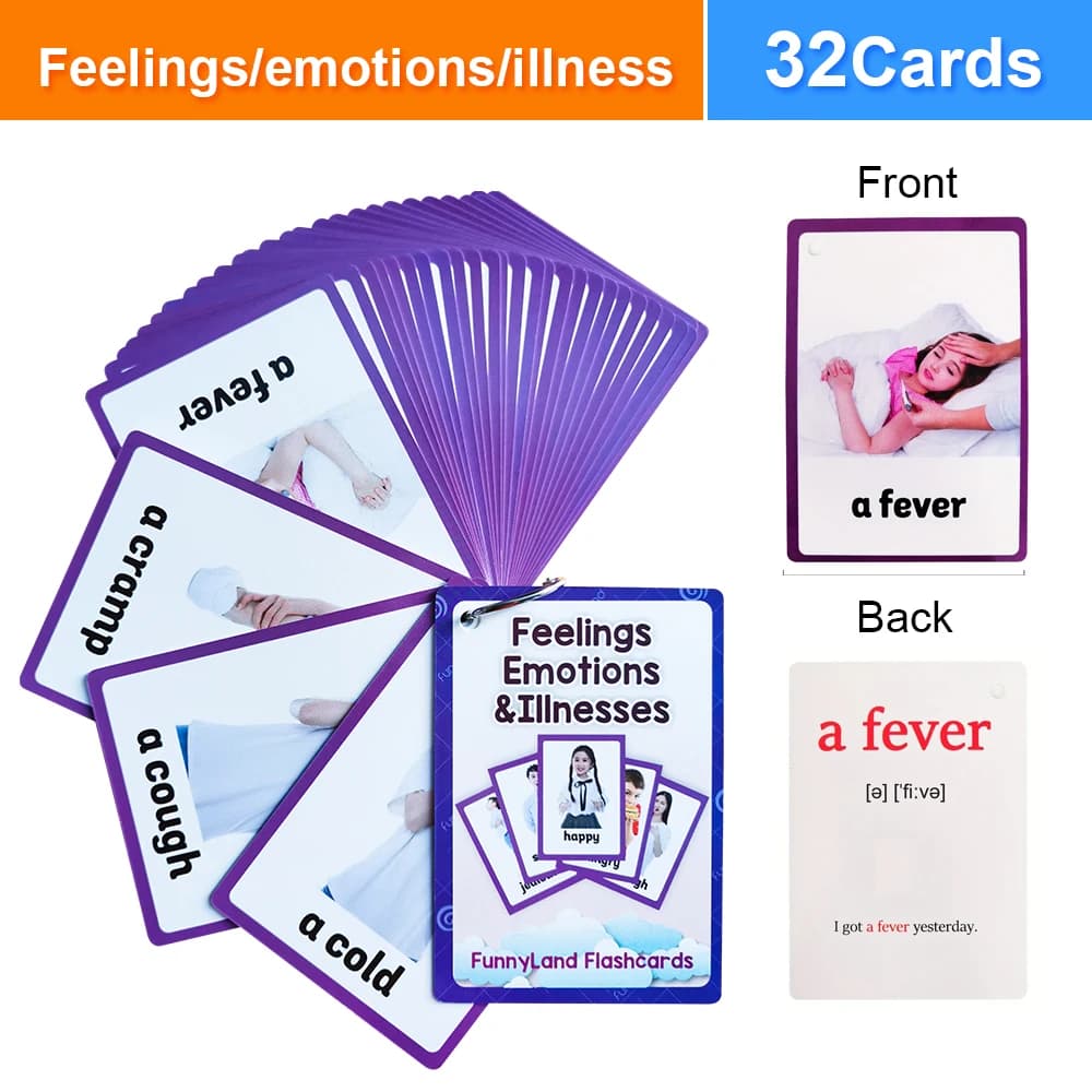32 pièces sentiments émotions et maladie thème cartes flash anglaises pour enfants bébé apprentissag