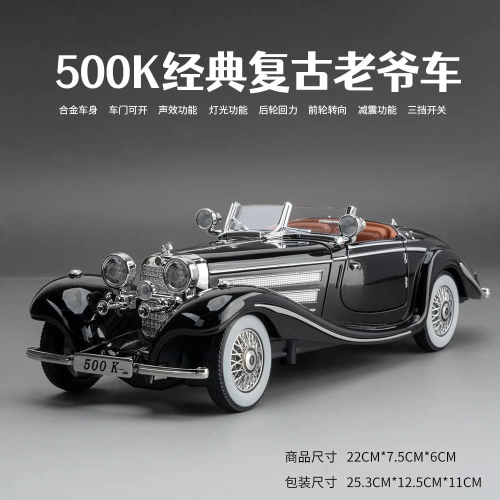 Modèle de voiture vintage 1:24 500K, jouet en alliage moulé sous pression, voiture de sport avec son