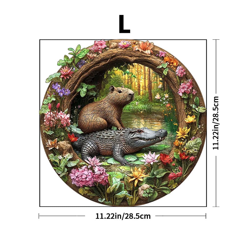 Puzzle en bois Premium Capybara & Crocodile, pièces irrégulières en forme d'animaux, difficulté 5A,