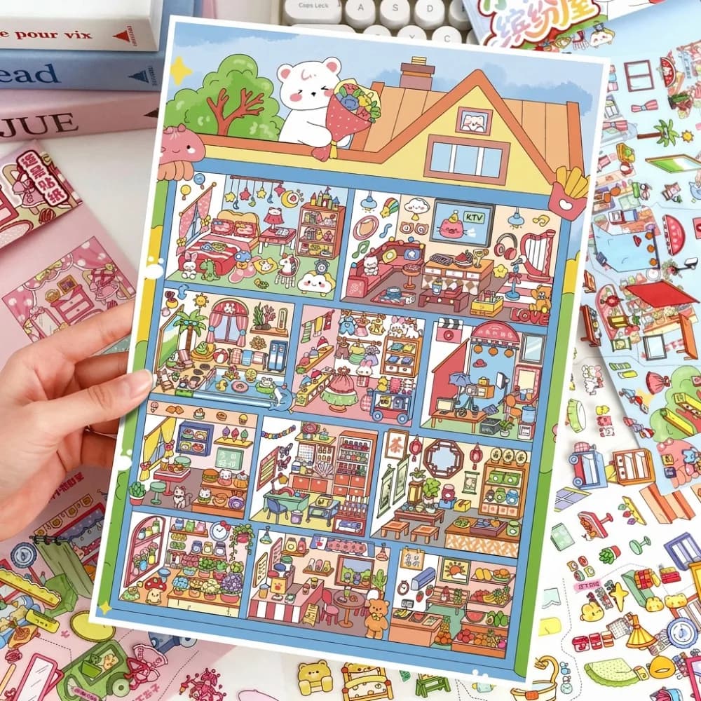 Autocollant Paysage Miniature Série Maison Colorée Petit Ours, Autocollant Scène Cabane DIY en PET,