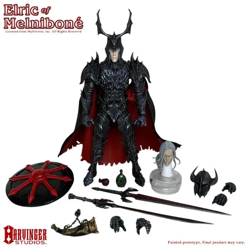 Figurine articulée Harvinger Studios Elric de Melnibone, échelle 1/12, armure noire, cape rouge, mod