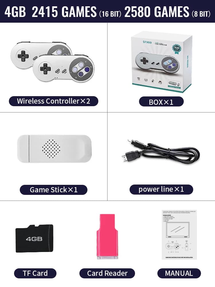 SF900 Console De jeu vidéo rétro HD bâton De jeu avec 4900 jeux pour contrôleur sans fil SNES 16 bit