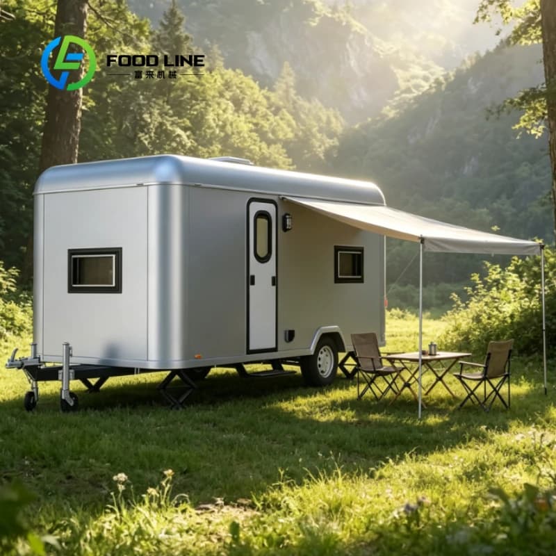 Caravane de camping personnalisée fonctionnelle avec douche coulissante rétractable, toilettes et li