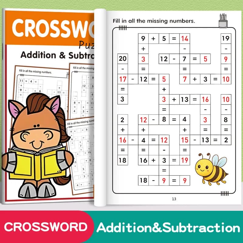 32 pages mots croisés puzzles addition soustraction cahier d'exercices mathématiques pour 3-8 ans