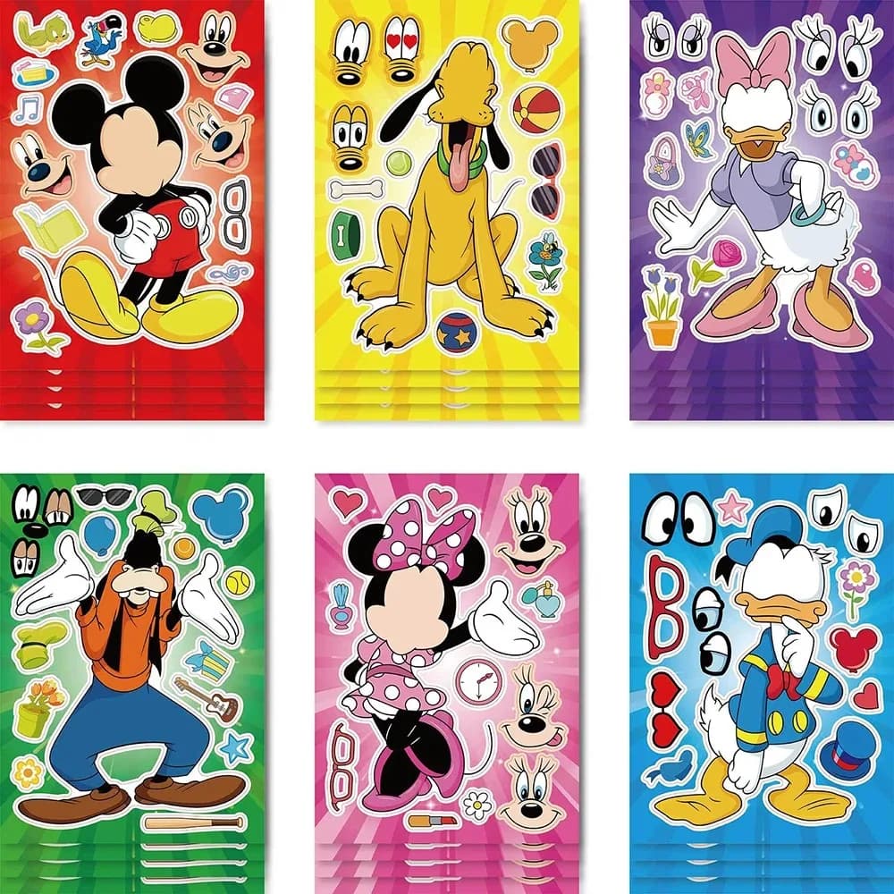 12 feuilles d'autocollants puzzle Disney pour créer des visages, Mickey Mouse, Donald Duck, autocoll
