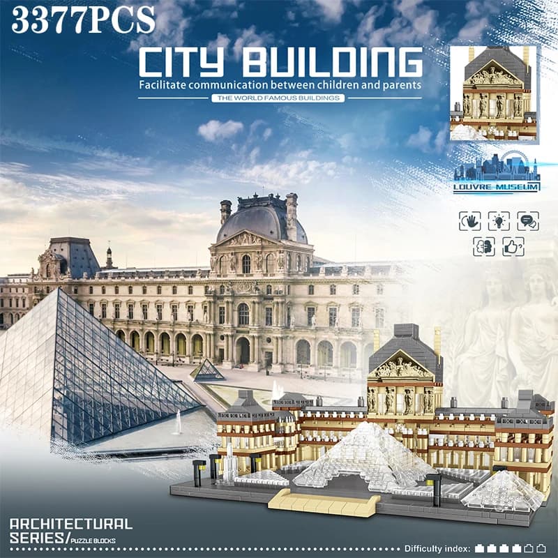 Blocs de construction du Louvre, 3377 pièces, modèles d'attractions mondiales célèbres, briques arch