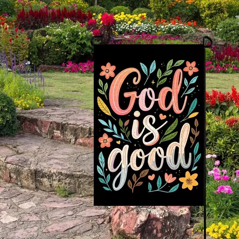 VIKAMA Paroles divines « Dieu est bon » Drapeau de jardin coloré jardin cour arrière-cour chrétien é
