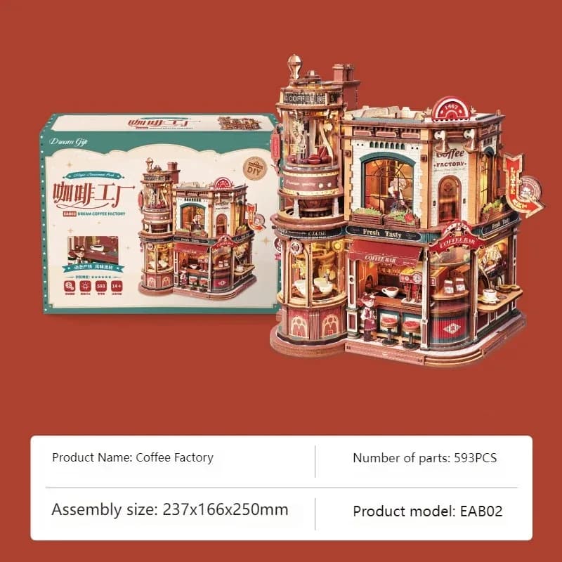 Modèle de puzzle en bois DIY Usine à café avec lumières, musique et figurines, ornement de bureau à