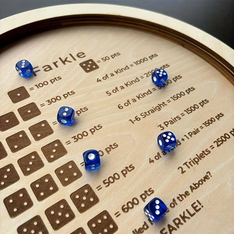 1 plateau à dés Farkle - en bois, jeu Farkle classique avec 6 dés bleus, adapté aux réunions de fami