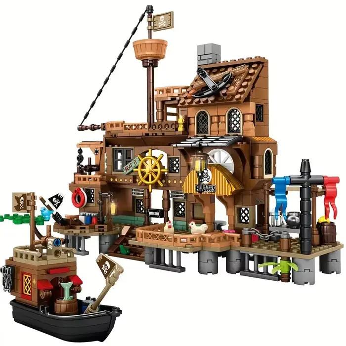 Blocs de Construction Créatifs de Forteresse Insulaire Médiévale Pirate Château Bateau d'Aventure Cabane en Bois Modèle de Bateau Briques à Assembler Jouets Cadeaux Occasions Spéciales