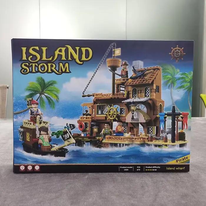 Blocs de Construction Créatifs de Forteresse Insulaire Médiévale Pirate Château Bateau d'Aventure Cabane en Bois Modèle de Bateau Briques à Assembler Jouets Cadeaux Occasions Spéciales