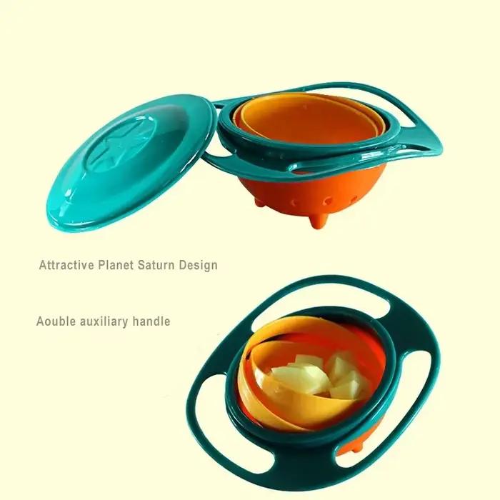 Bol gyroscopique universel anti-débordement 360 degrés pour enfants 3-6 ans avec trois poignées et couverture en plusieurs couleurs pour repas ludiques et sécurisés