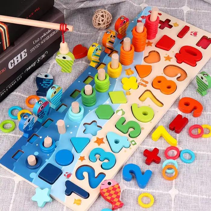 Jouets éducatifs 3D pour enfants d'âge préscolaire, en bois, Montessori, arithmétique, pêche magnéti