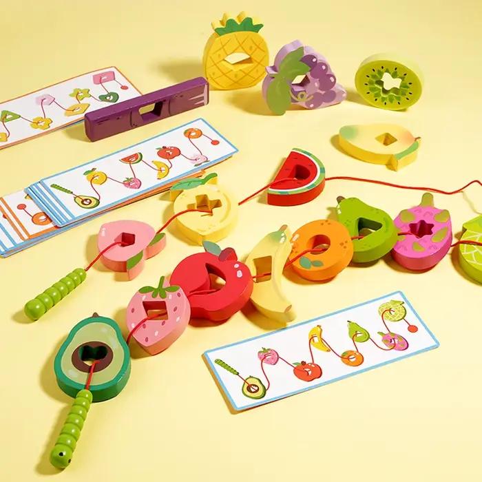 Jeu de perles de ver aux fruits en bois - Jouet éducatif Montessori favorise la motricité fine et le