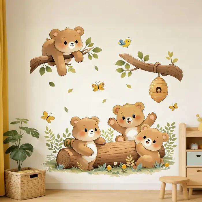 Autocollants muraux autocollants à motif de forêt et d'ours coquins pour porte coulissante, décoratifs pour chambre d'enfant