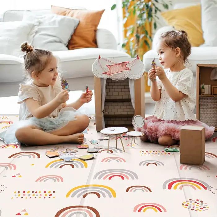 Tapis de jeu pliable en mousse pour bébé rose, imperméable et réversible pour éveil et développement, adapté pour enfants de 0 à 12 ans
