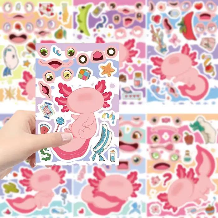 8/16/24 pièces Axolotl Puzzle autocollants faciles à poser pour fête d'anniversaire décor bagages vélo Scooter guitare Scrapbook bouteille d'eau décalcomanie