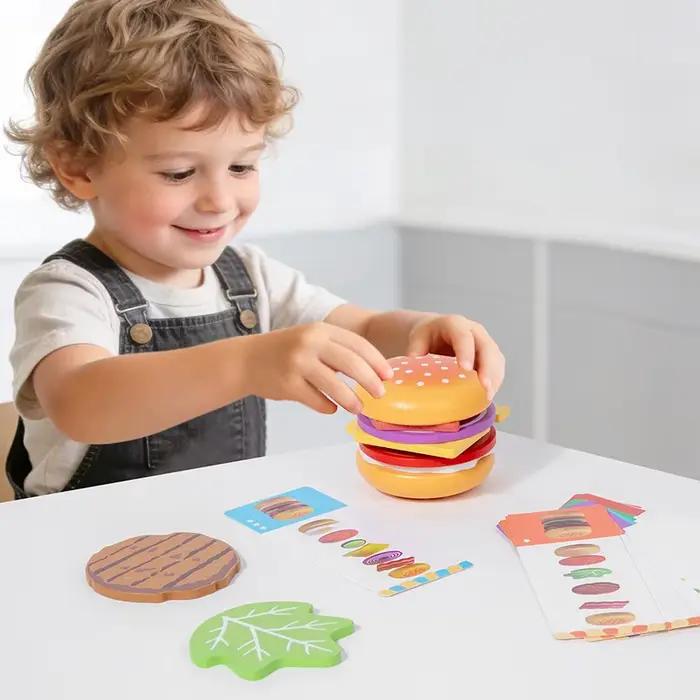 Jouets en bois Montessori pour empiler des hamburgers