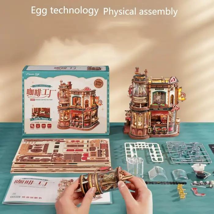 Puzzle en bois DIY Usine à café avec lumières et musique pour adultes, cadeau d'anniversaire, occasion spéciale, puzzle artisanal en bois, cadeau de collection, construction en bois, puzzle de construction, cadeau de Noël pour amateurs de café