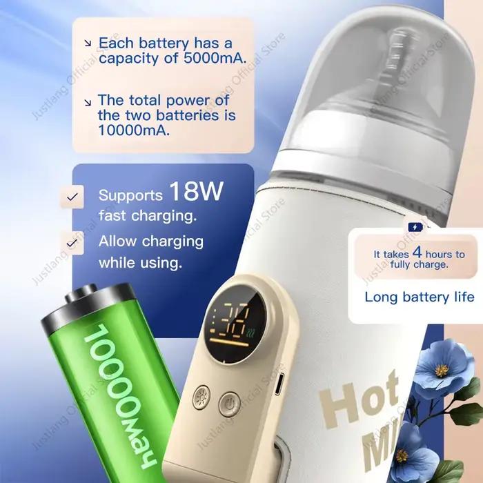 JUSTLANG 10000mAh chauffe-biberon 5 niveaux de chaleur multifonction chauffe-lait maternel contrôle précis de la tempéra