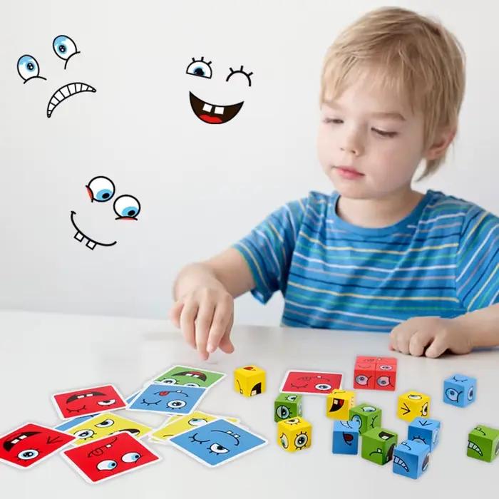 Blocs de construction à changement de visage Cube, jeu de société de dessin animé, Puzzle en bois Mo