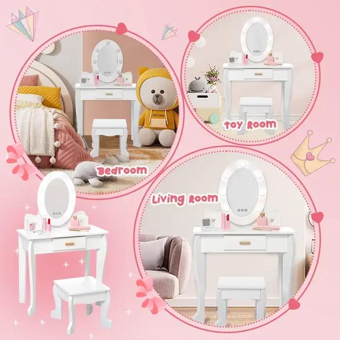 Ensemble de coiffeuse pour enfants, table et chaise de coiffeuse pour filles avec miroir lumineux, t