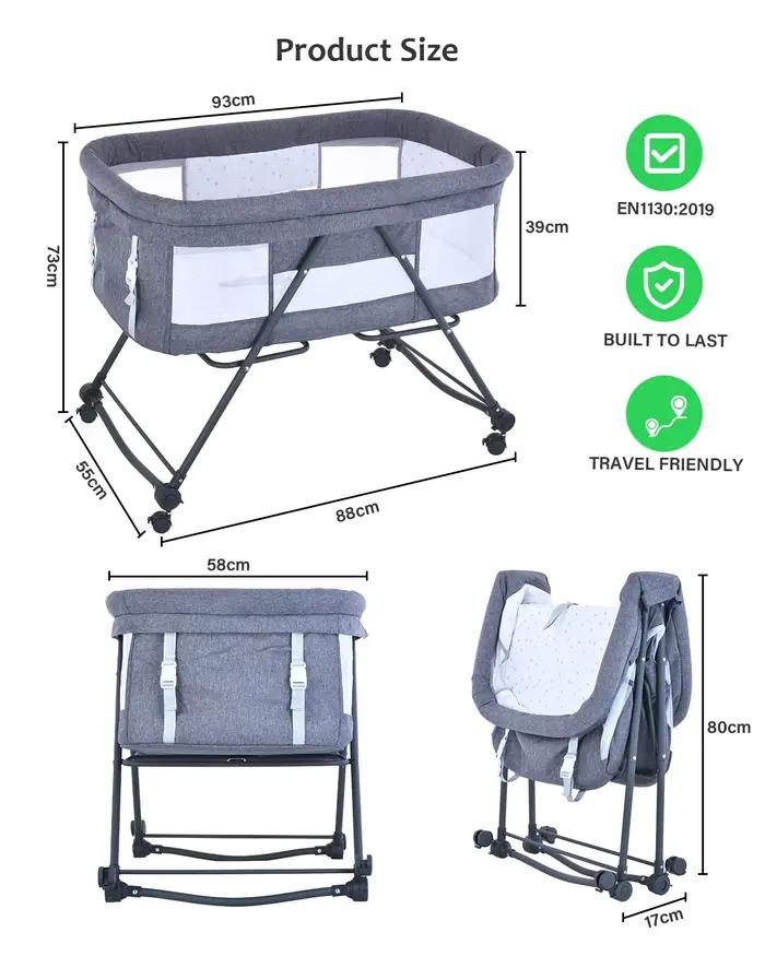 Lit de voyage Baby Grab-and-go avec matelas et roues silencieuses, berceau à bascule convertible, XY
