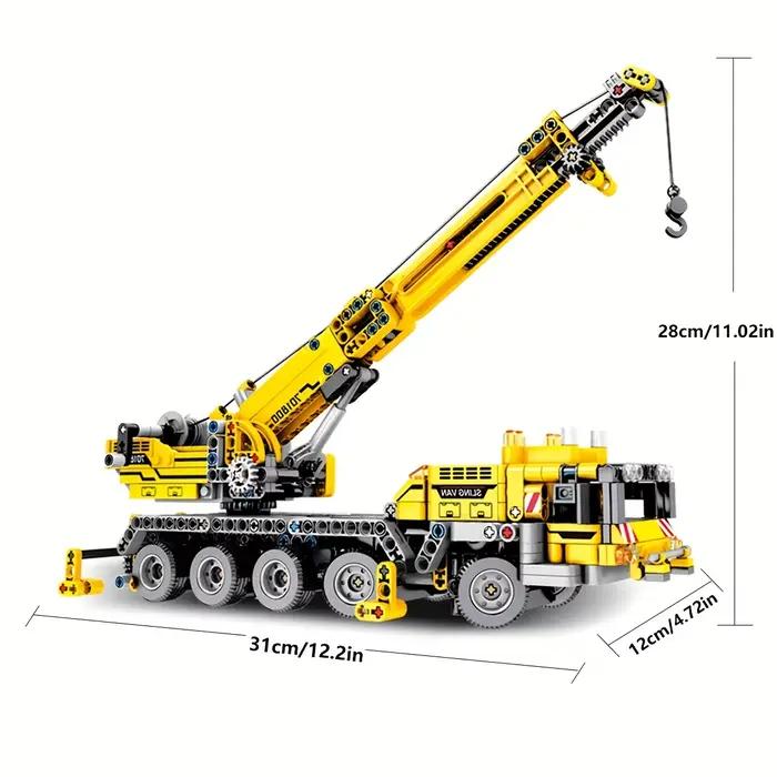 Série de blocs de construction en plastique ABS pour grue jaune et véhicules de chantier urbains.