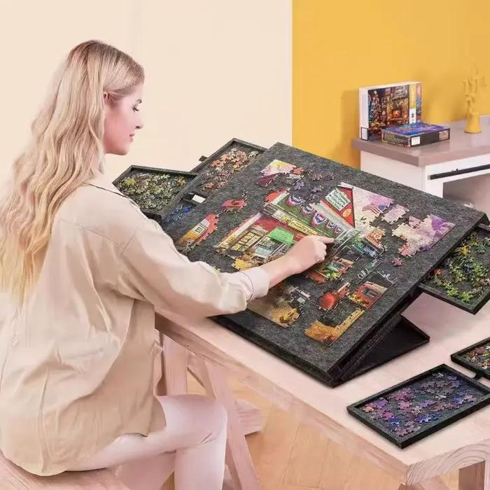 Ensemble de planches à puzzle inclinables 6 en 1 avec support et couvercle 2-en-1 pour adultes table à puzzle portable jusqu’à 1000 pièces occasions spéciales cadeau unique matériaux organiques gris foncé clair