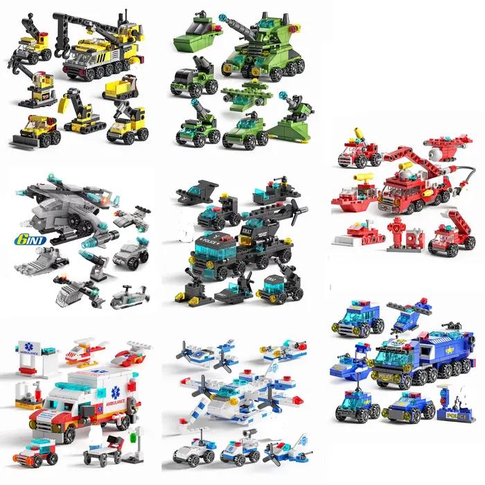 Blocs de construction Mini taille 6 en 1, bricolage, voiture de Police, camion de pompier, château,