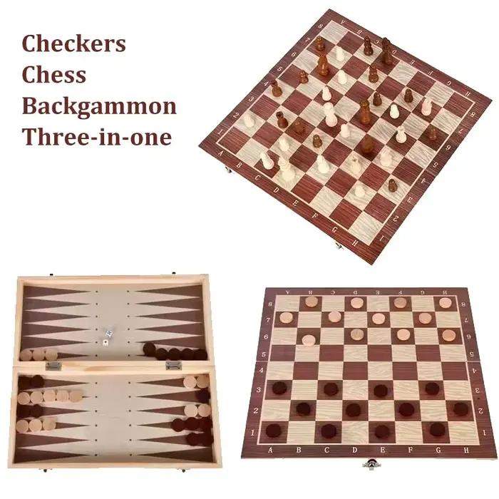 Ensemble de jeux de société 3 en 1 en bois pour damiers, backgammon et échecs, idéal pour les voyages, les réunions familiales et les cadeaux d'occasion spéciale
