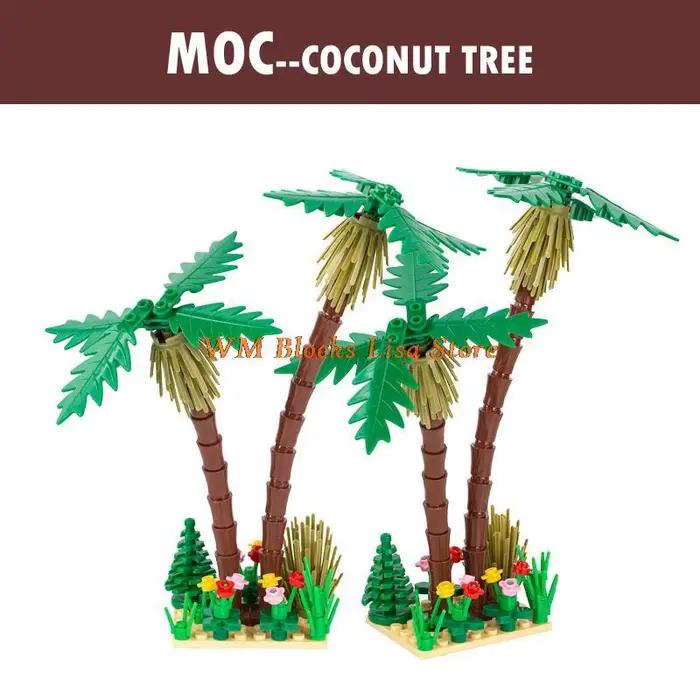 Blocs de construction de jouets pour enfants, cocotier, palmier, herbe, petite fleur, vue sur la rue, paysage Tropical, bord de mer, vacances, cadeaux MOC
