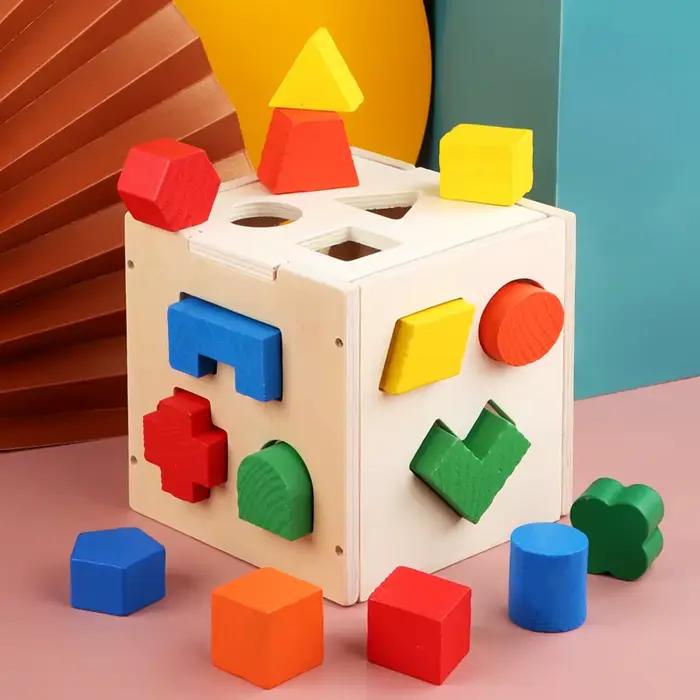 Boite d'intelligence montessori multicolore 15 trous puzzle 3d educatif forme geometrique bloc construction tridimensionnel bois enfants occassions speciales
