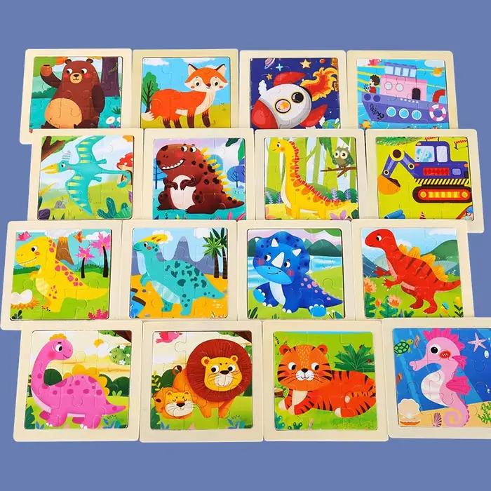 Nouveau 9 pièces Montessori Puzzle en bois dessin animé dinosaure transport