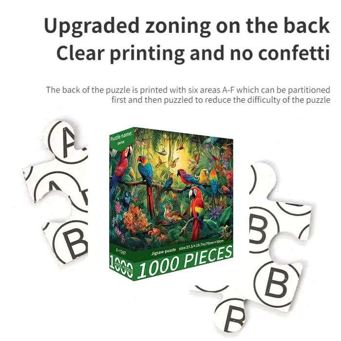 Puzzle familial de perroquets vibrants 70x50cm 1000 pièces pour adultes puzzle stimulant avec dos lettres pour occuper des moments créatifs et familiaux